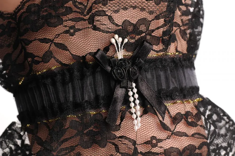 Black Double Lace Garter With Gold Trim Black Roses & Faux Pearls