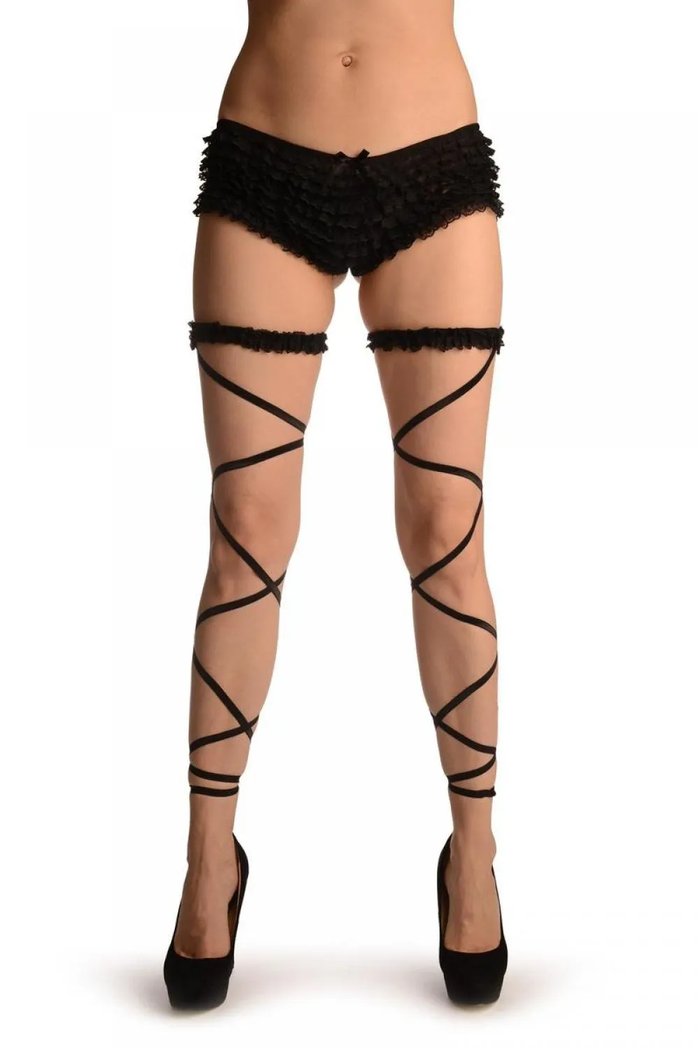 Black Elasticated Ribbon Leg Wrap & Lace Garter