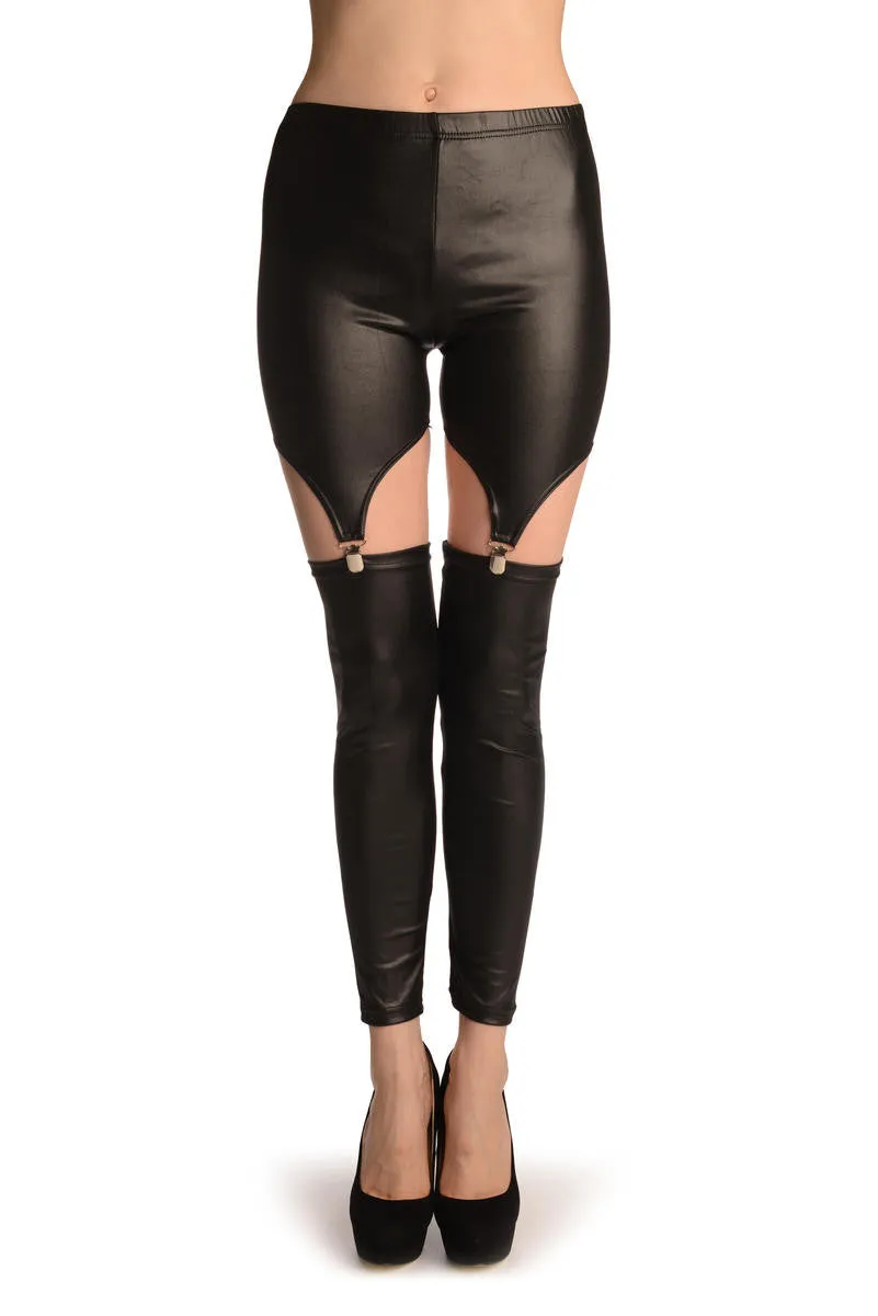 Black Faux Leather Suspender Clip On Leggings