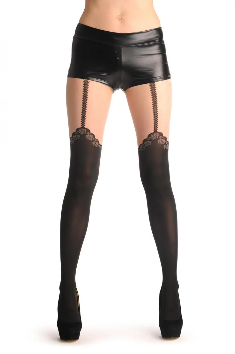 Black Faux Stocking With Woven Roses & Suspender Belt