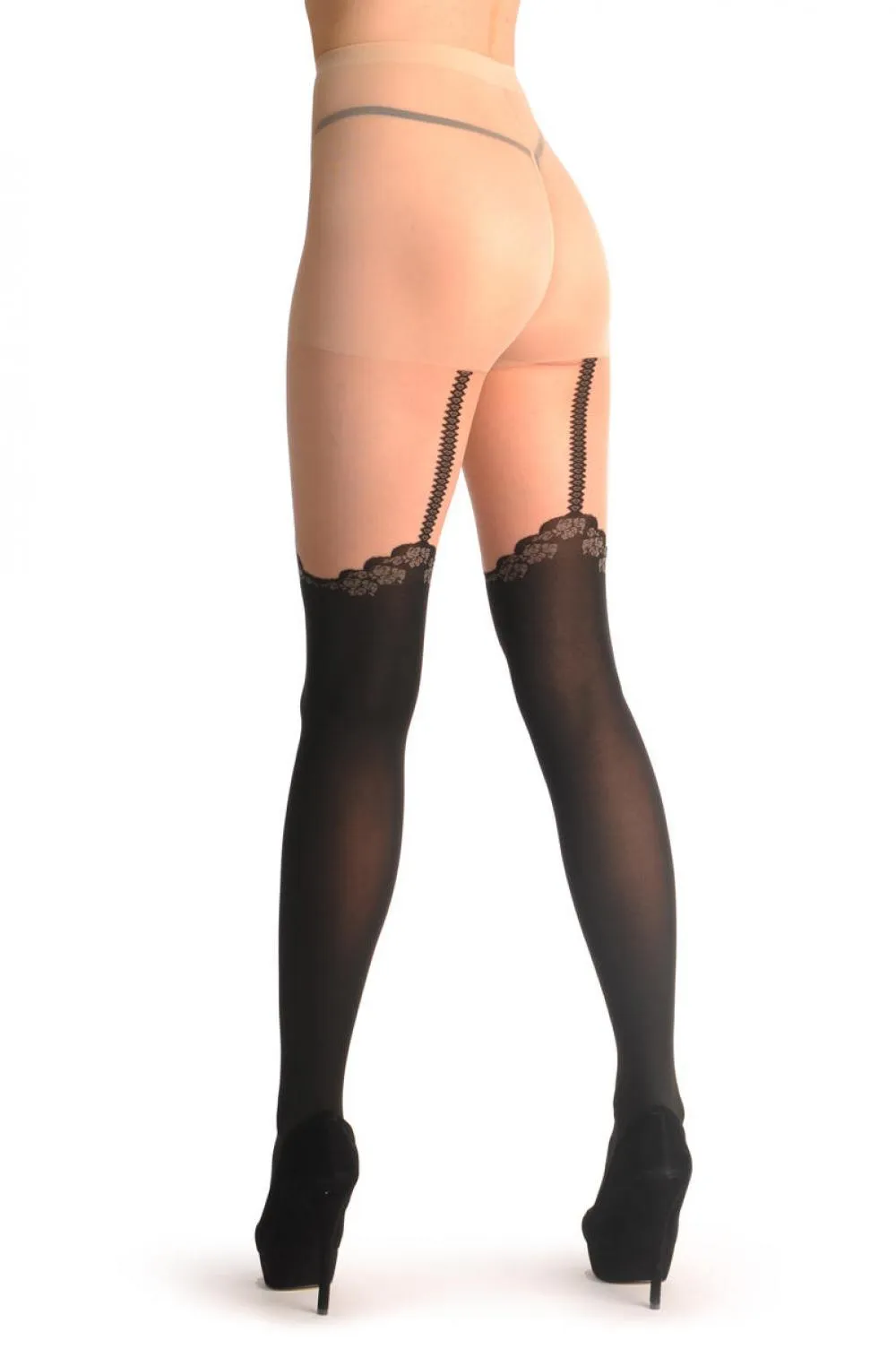 Black Faux Stocking With Woven Roses & Suspender Belt