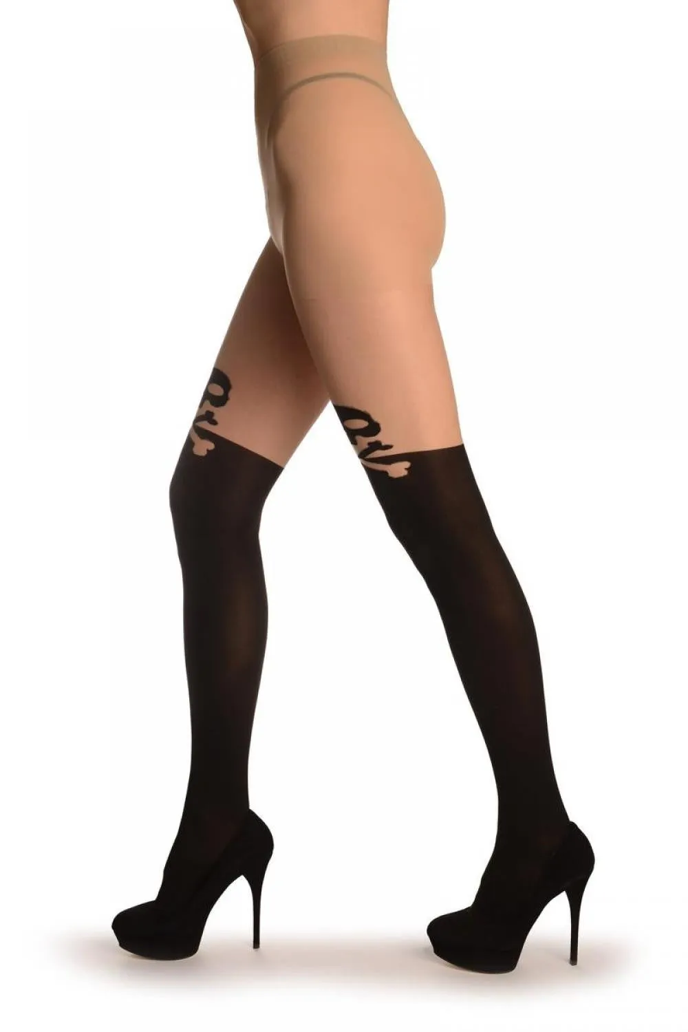 Black Faux Stockings With Large Crossbones Shaped Top