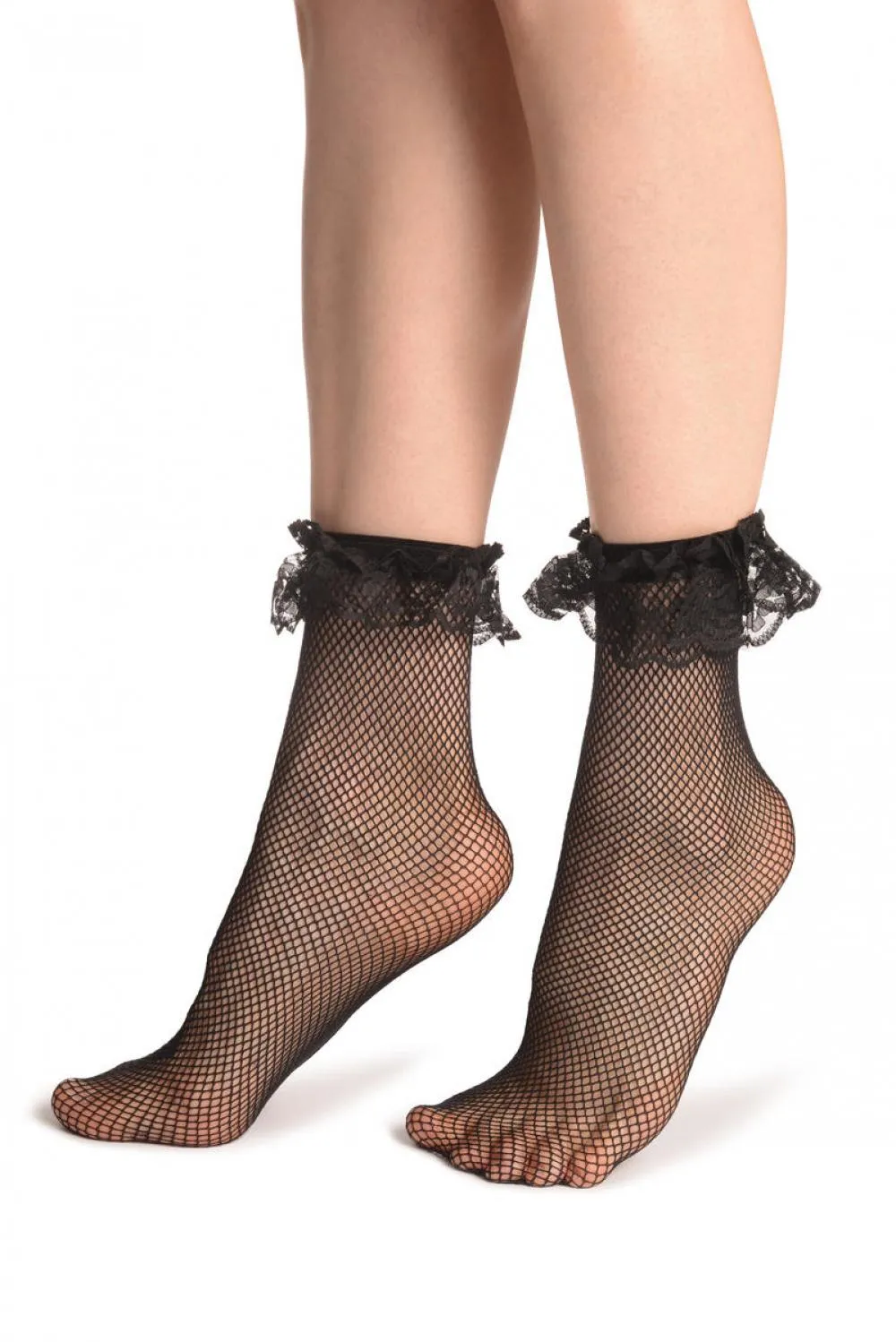 Black Fishnet With Lace Ruffles Ankle High Socks