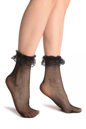 Black Fishnet With Lace Ruffles Ankle High Socks