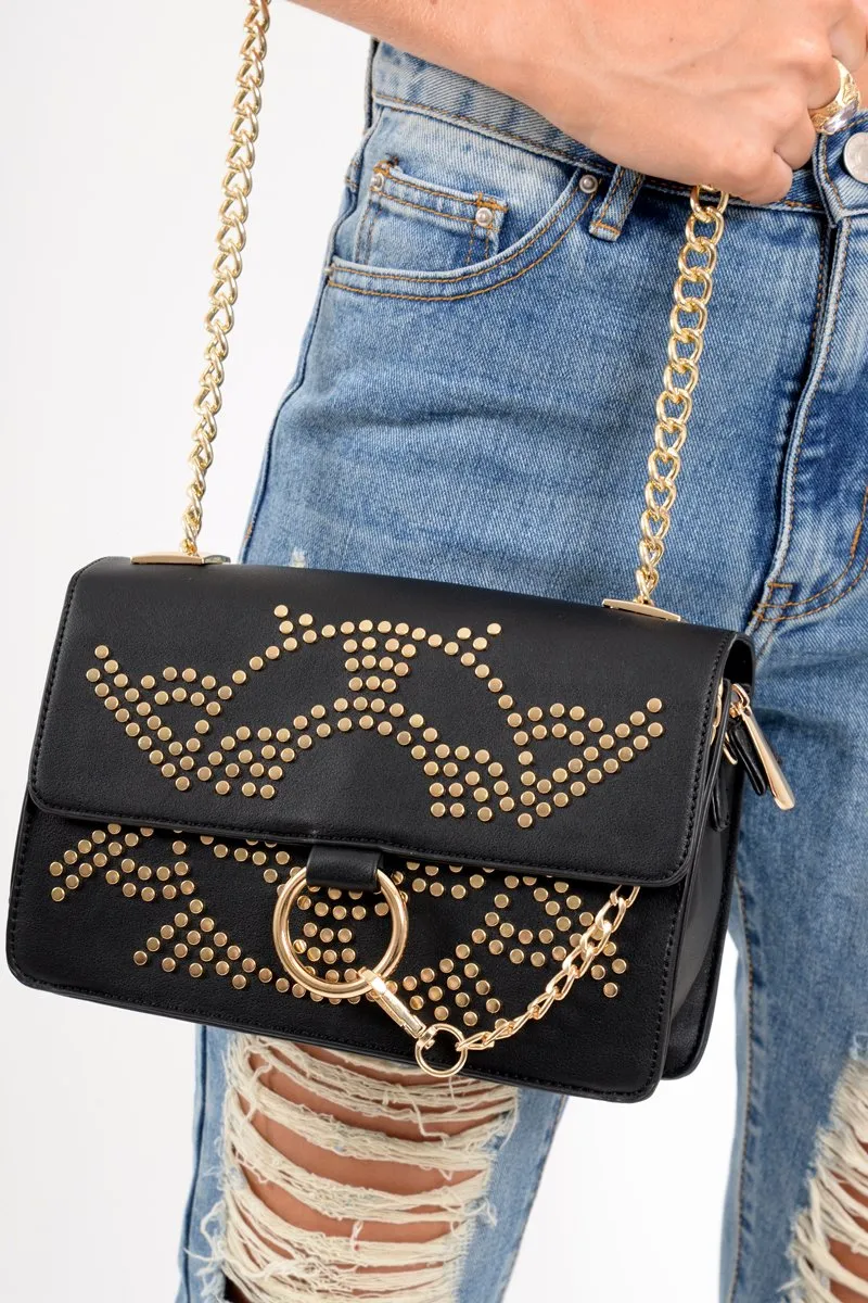 Black Gold Embellished Chain Cross Body Bag - Embree