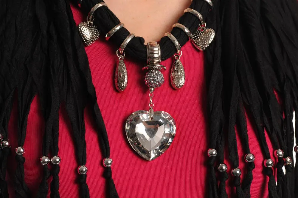 Black Jewellery Scarf With Crystal Heart & Beads