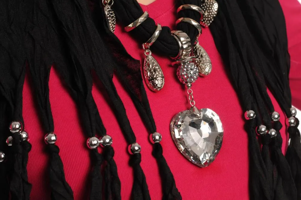 Black Jewellery Scarf With Crystal Heart & Beads