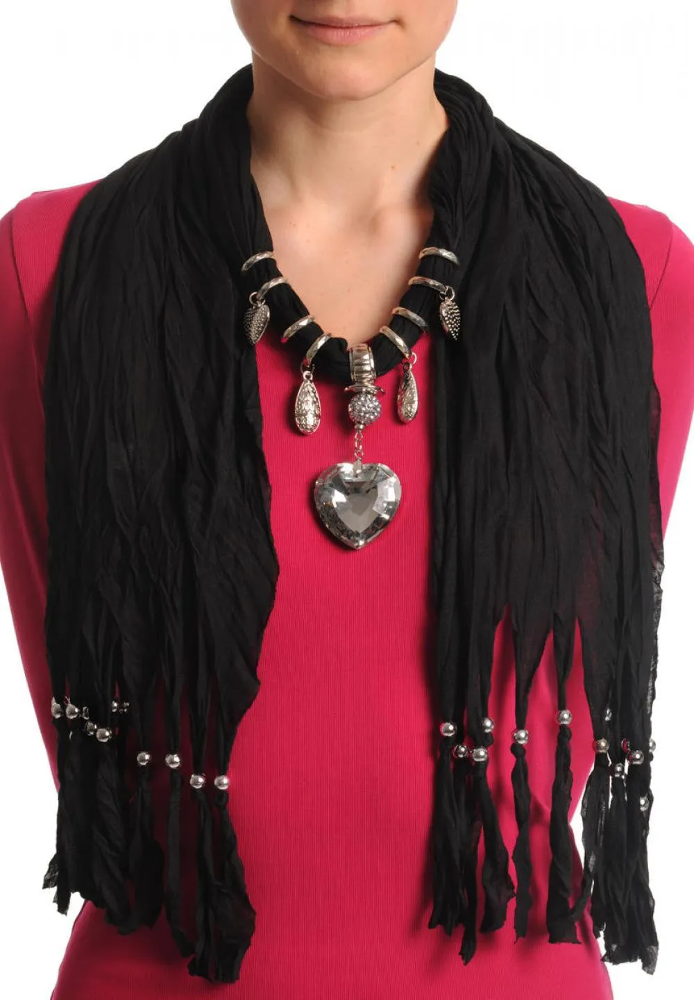 Black Jewellery Scarf With Crystal Heart & Beads