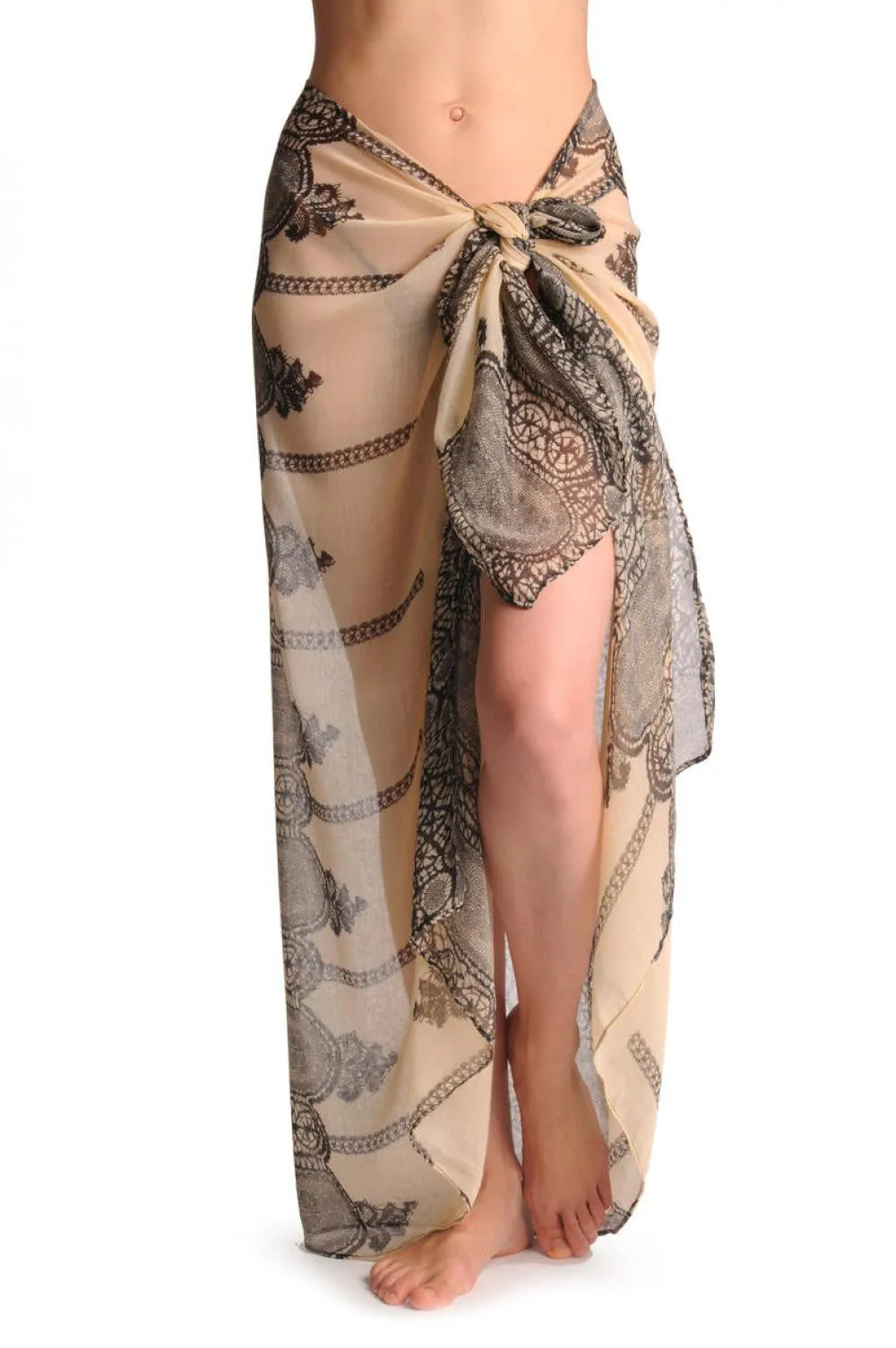 Black Lace On Beige Unisex Scarf & Beach Sarong