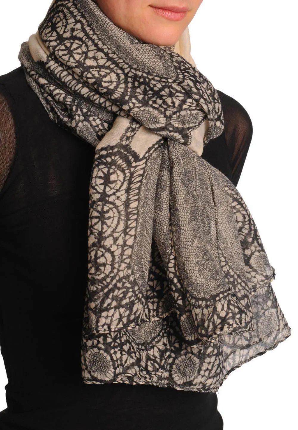 Black Lace On Beige Unisex Scarf & Beach Sarong