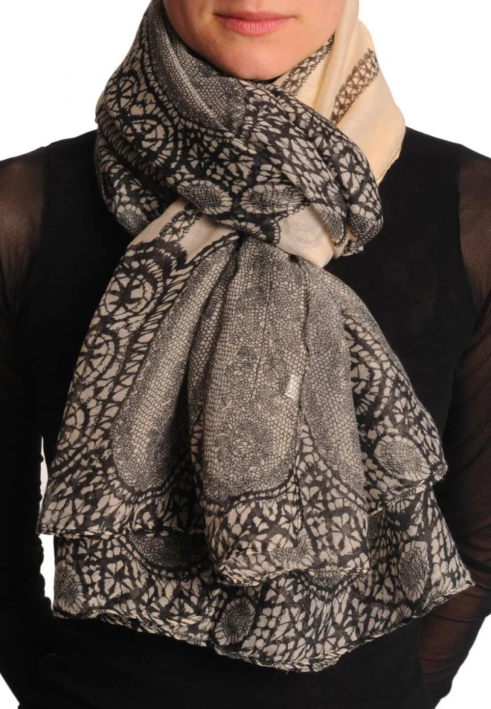 Black Lace On Beige Unisex Scarf & Beach Sarong