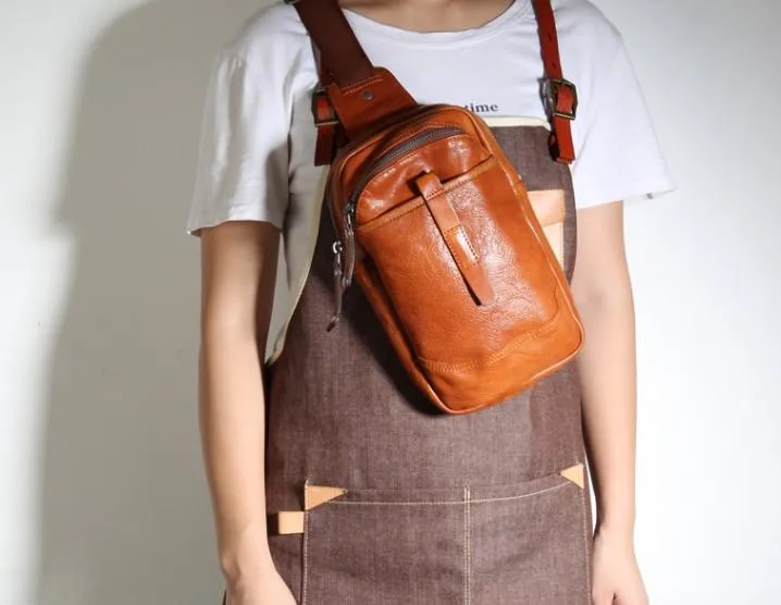 Black Leather Mens Cool Chest Bag Sling Bag Crossbody Pack Brown Travel SLing Pack for men