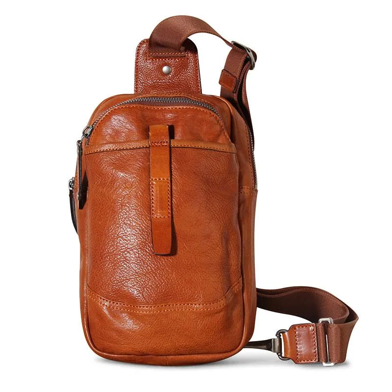 Black Leather Mens Cool Chest Bag Sling Bag Crossbody Pack Brown Travel SLing Pack for men