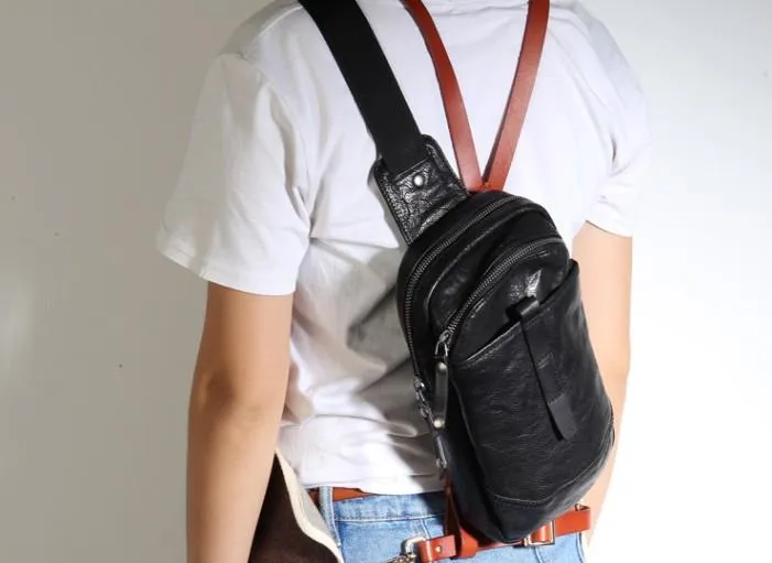 Black Leather Mens Cool Chest Bag Sling Bag Crossbody Pack Brown Travel SLing Pack for men