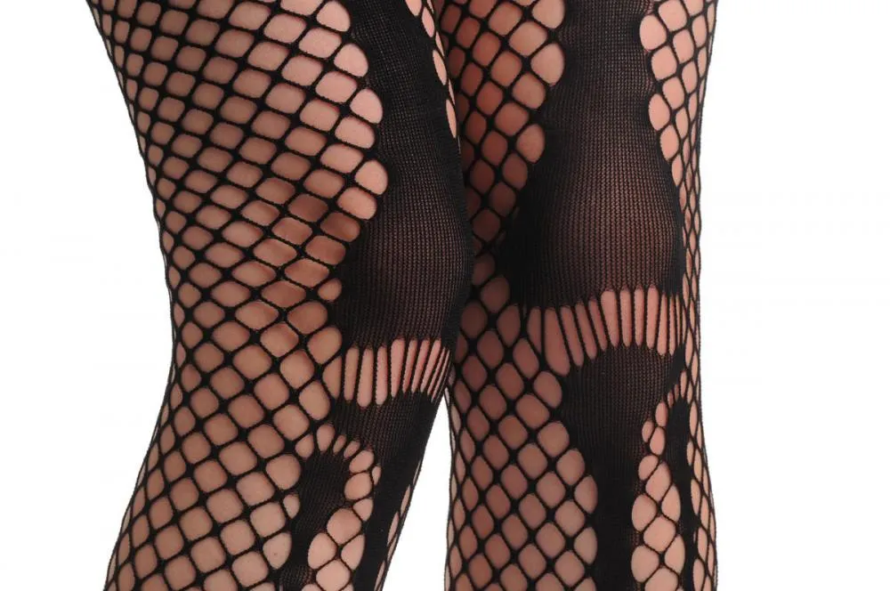 Black Medium Mesh Fishnets With Halloween Bones