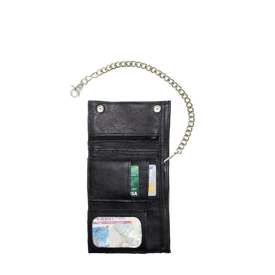 Black Naked Cowhide Leather Trifold Chain Wallet W/ Snaps