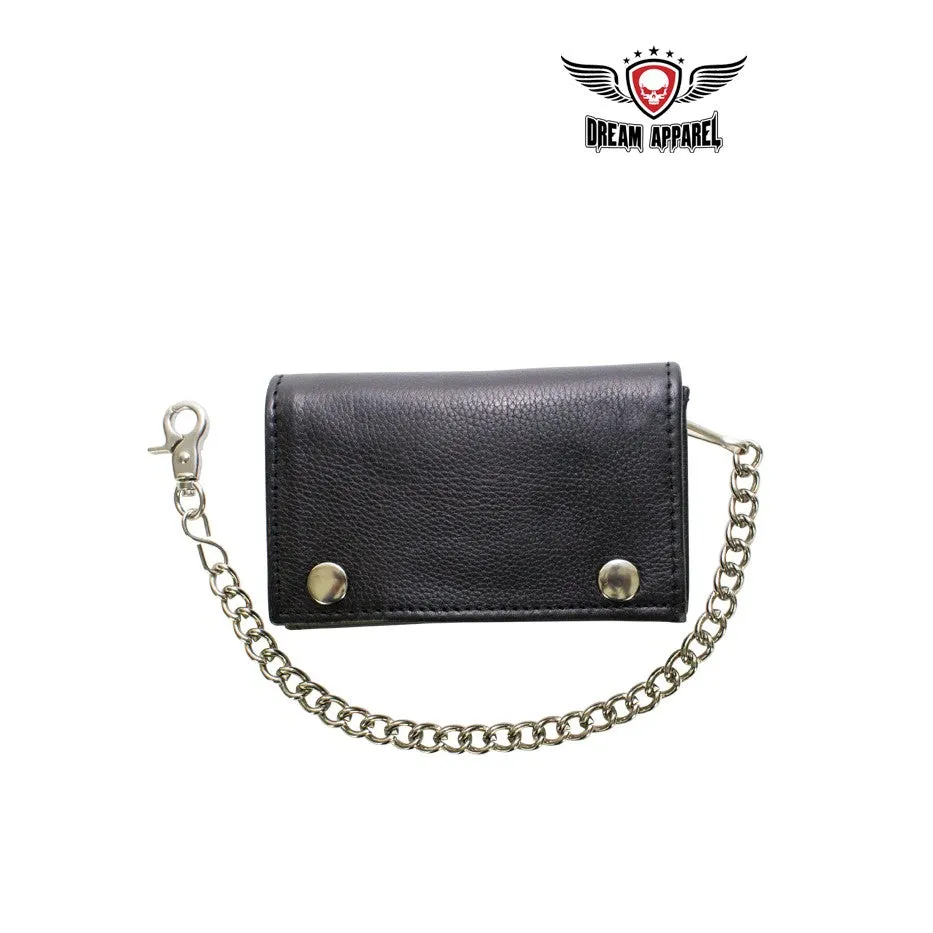 Black Naked Cowhide Leather Trifold Chain Wallet W/ Snaps