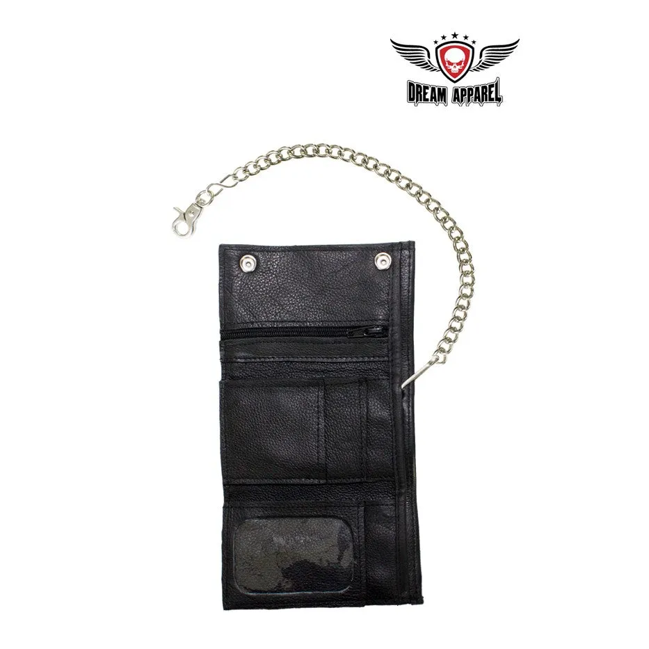 Black Naked Cowhide Leather Trifold Chain Wallet W/ Snaps