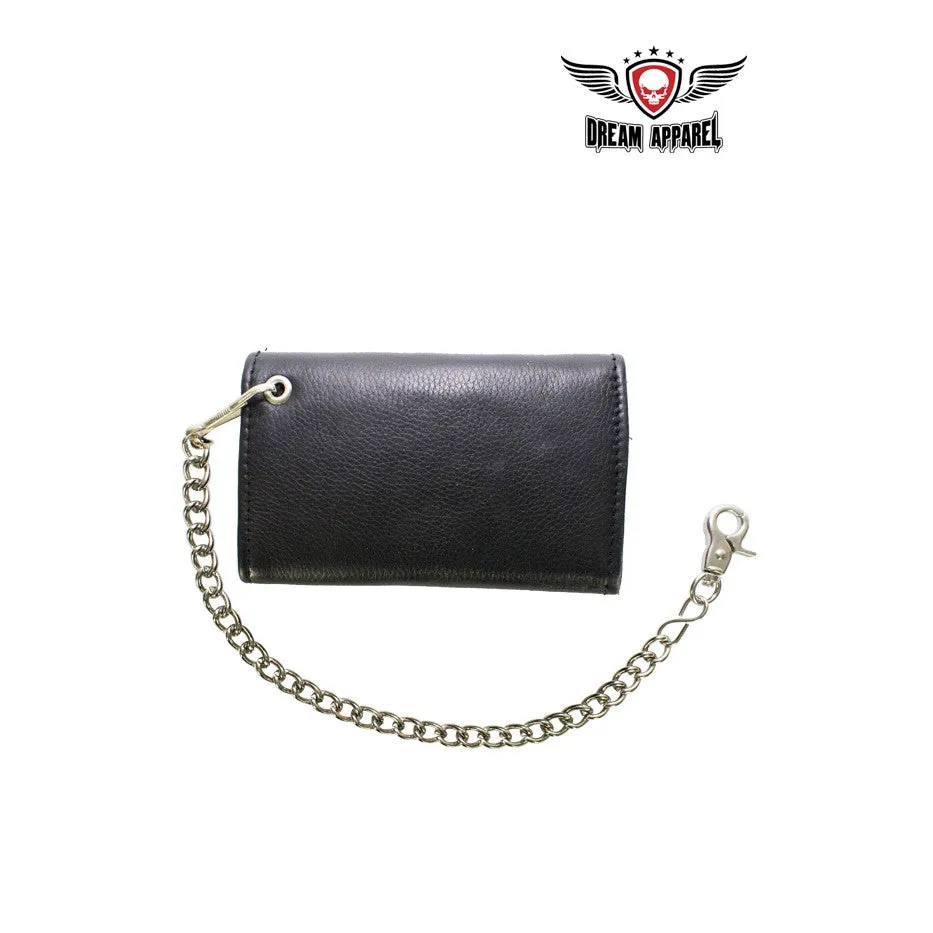 Black Naked Cowhide Leather Trifold Chain Wallet W/ Snaps