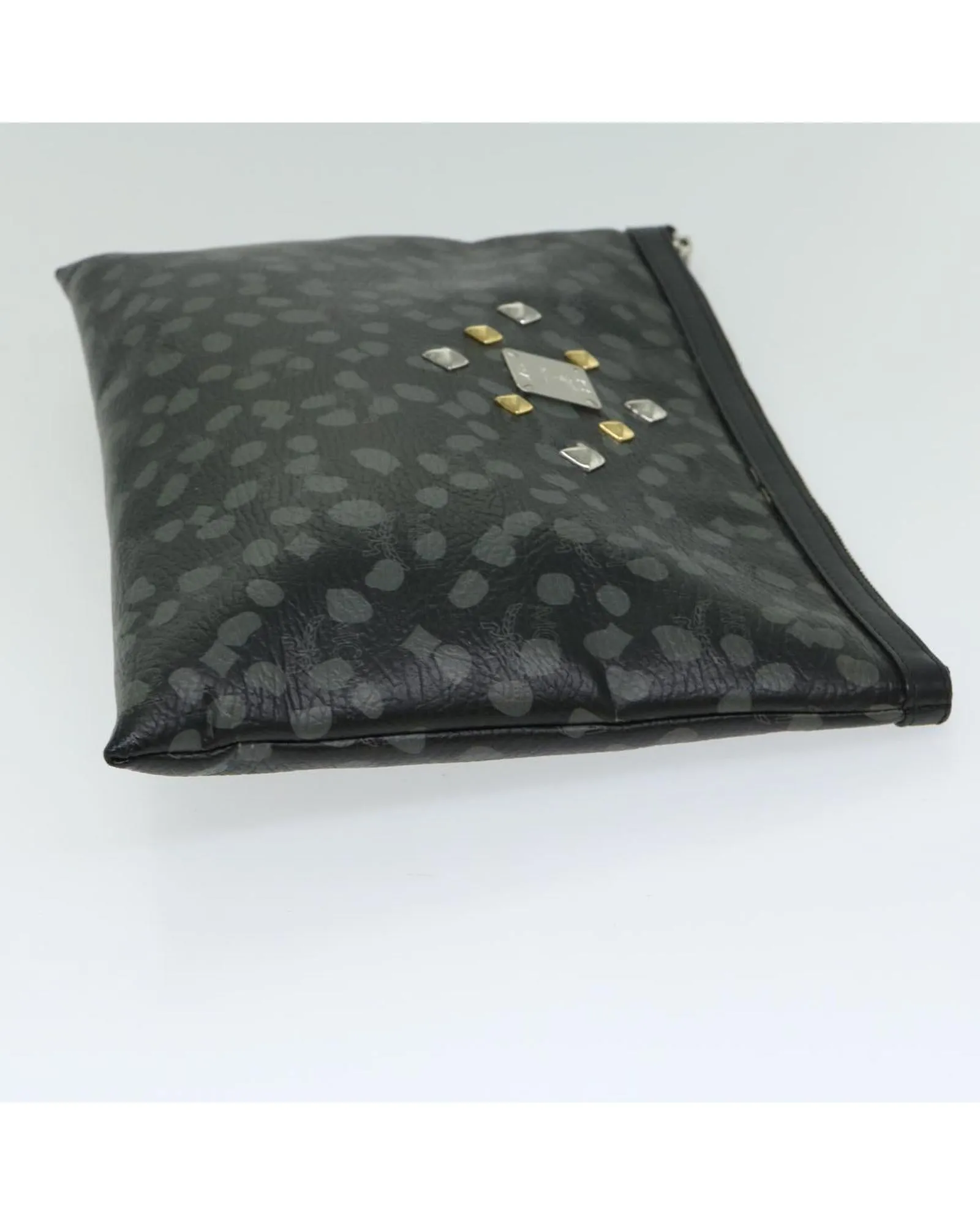 Black PVC Clutch Bag with Studs and Logogram Design