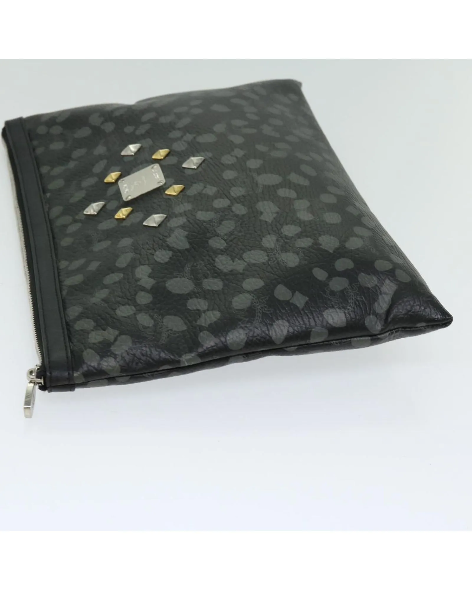 Black PVC Clutch Bag with Studs and Logogram Design