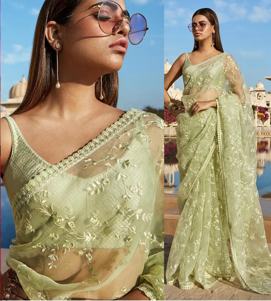 Bollywood Style Nylon Net Green Designer Saree