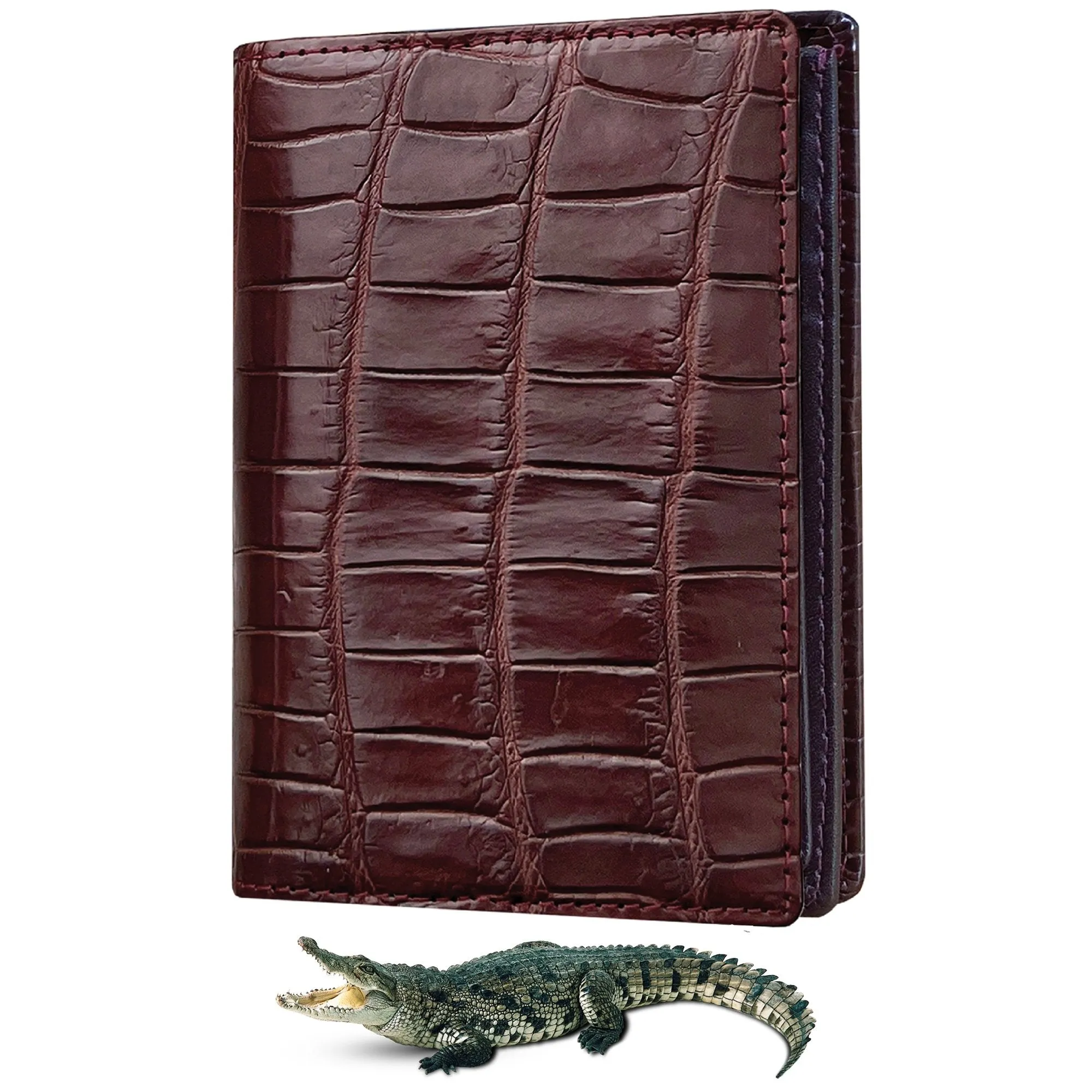 Brown Alligator Leather Vertical Bifold Wallet Large Capacity | DUN33