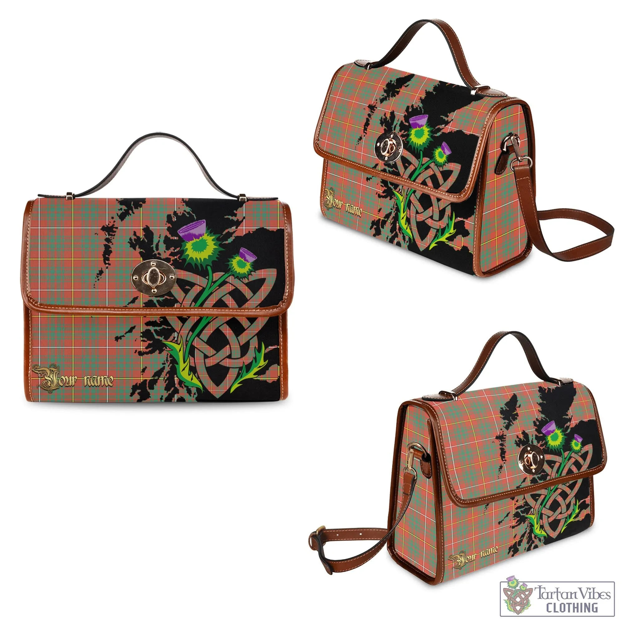 Bruce Ancient Tartan Waterproof Canvas Bag with Scotland Map and Thistle Celtic Accents