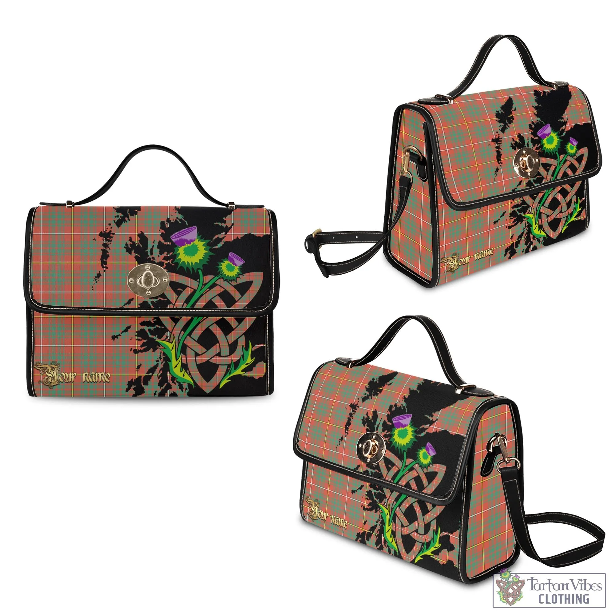 Bruce Ancient Tartan Waterproof Canvas Bag with Scotland Map and Thistle Celtic Accents