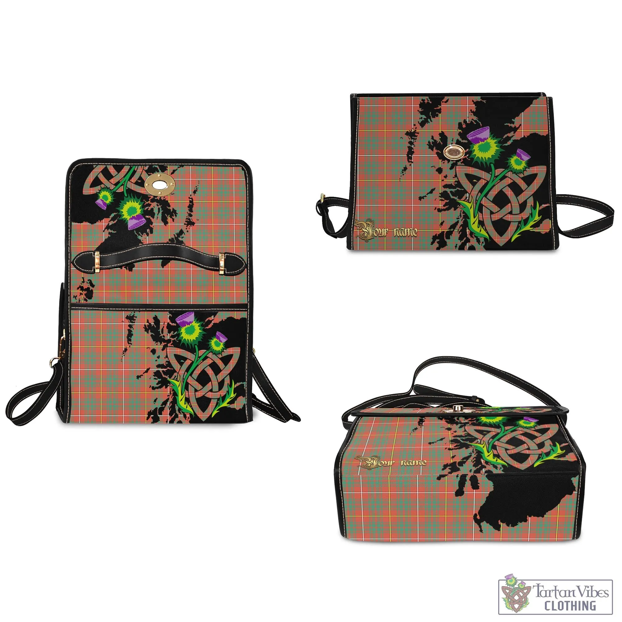 Bruce Ancient Tartan Waterproof Canvas Bag with Scotland Map and Thistle Celtic Accents