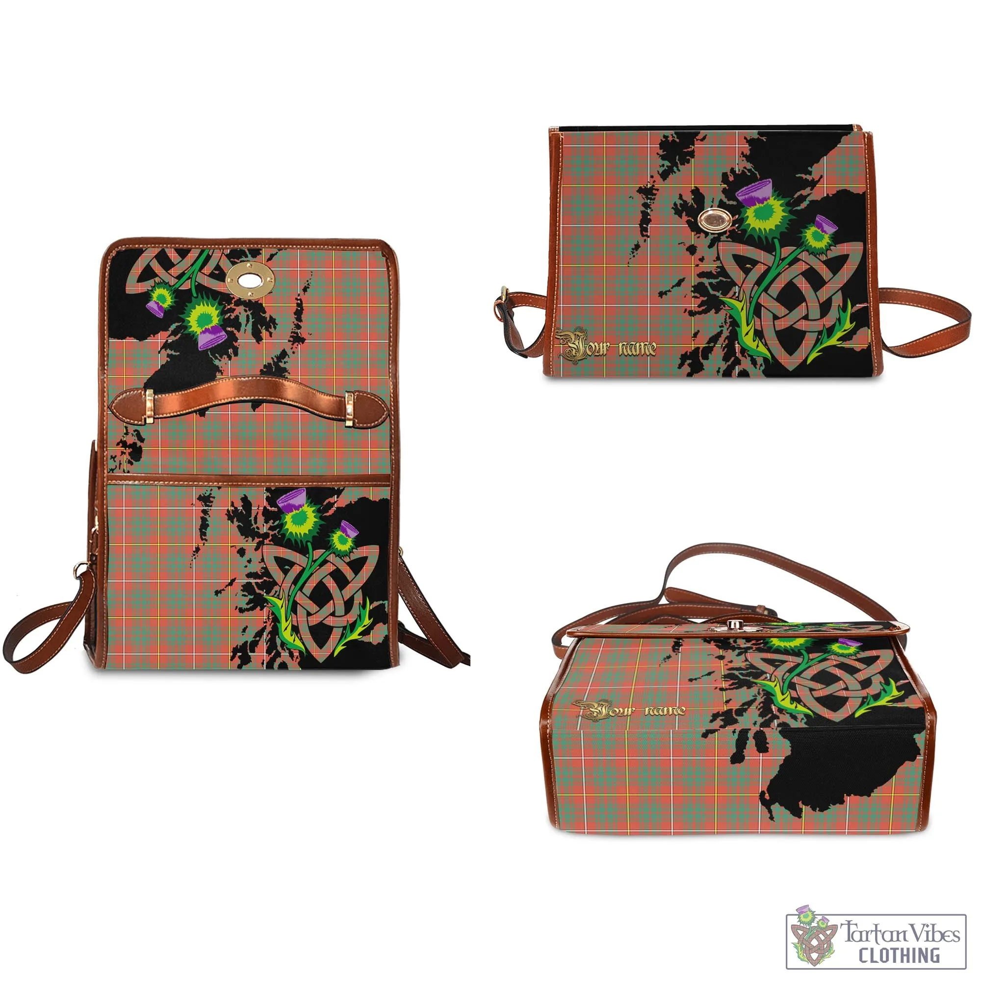 Bruce Ancient Tartan Waterproof Canvas Bag with Scotland Map and Thistle Celtic Accents