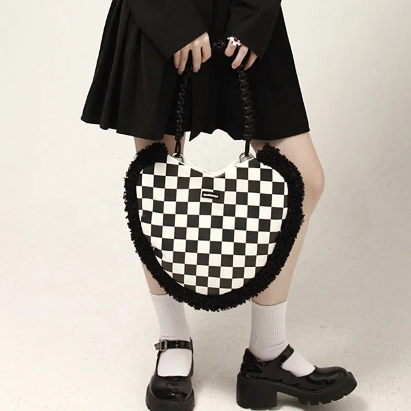 Checkerboard Print Black Pink Heart Love Shaped Messenger Bag