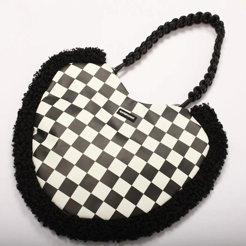 Checkerboard Print Black Pink Heart Love Shaped Messenger Bag