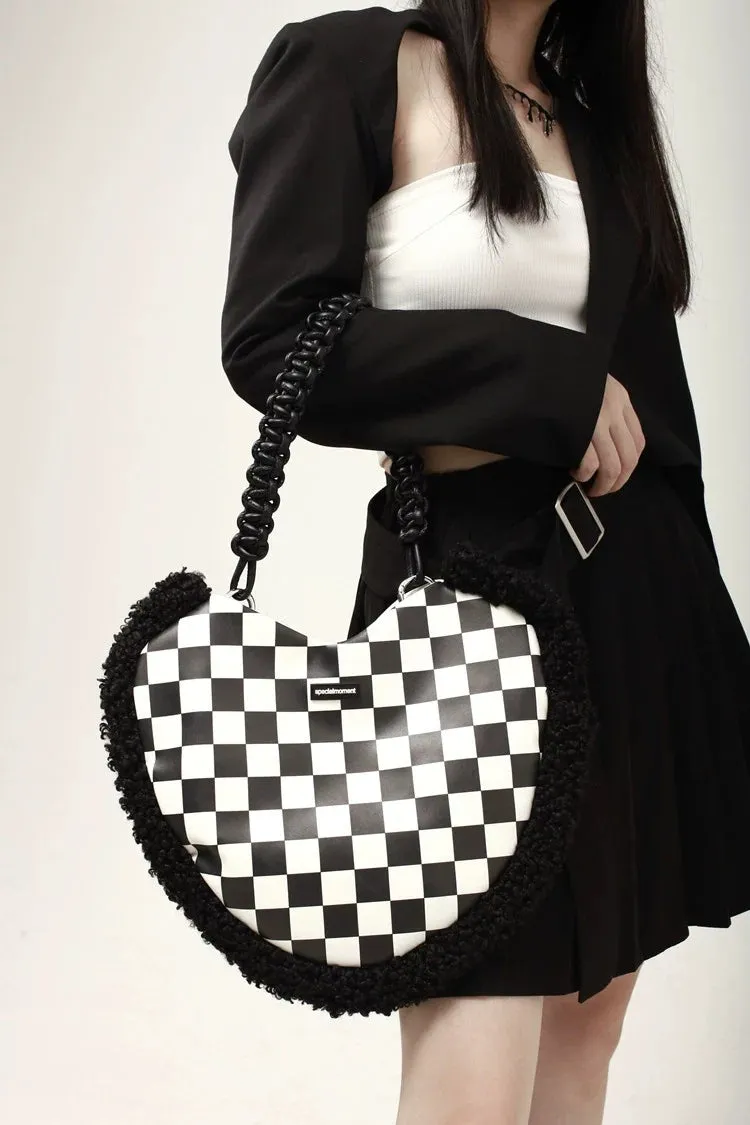 Checkerboard Print Black Pink Heart Love Shaped Messenger Bag