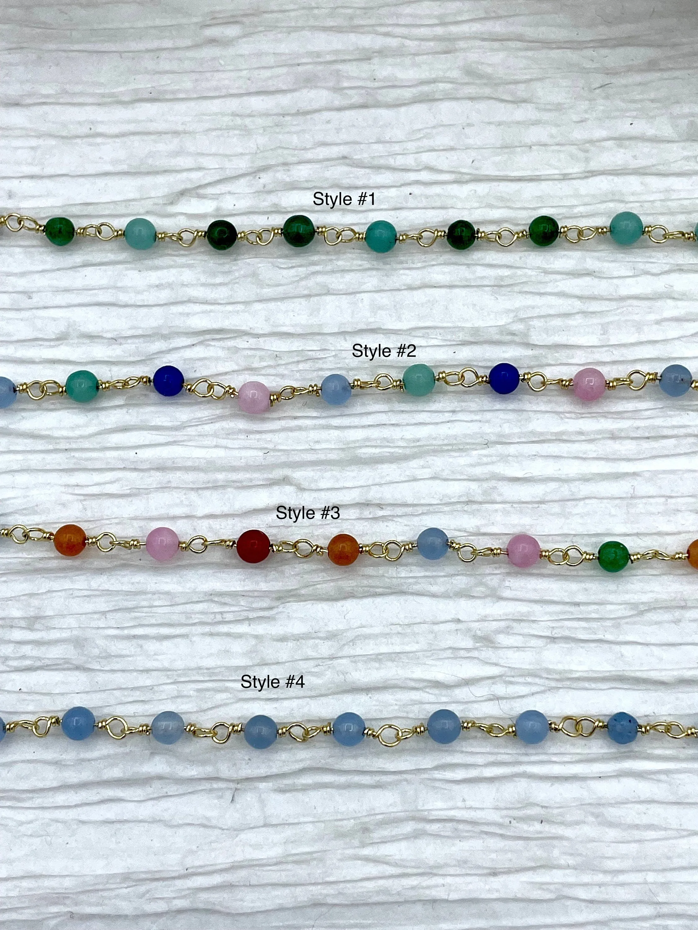 Colorful Agate Stone Beaded Rosary Chains, Beaded Chains, 4 styles. 4.5mm round stone beads, Gold Wire, Sold by the foot. Fast ship