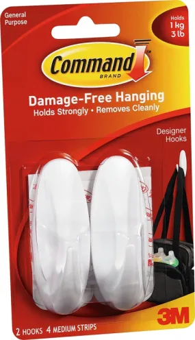 Command 17081-2VP Designer Hook, 3 lb, 4-Hook, Plastic, White :CD 2: QUANTITY: 1