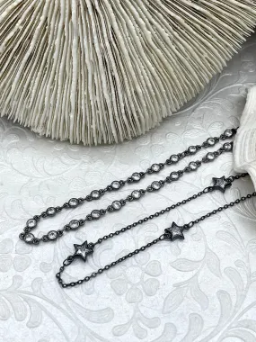 Dainty Gunmetal chains, Plated Brass Chain, Star CZ Chain, Round CZ Chain, 2 styles, By the Foot, Fast Ship