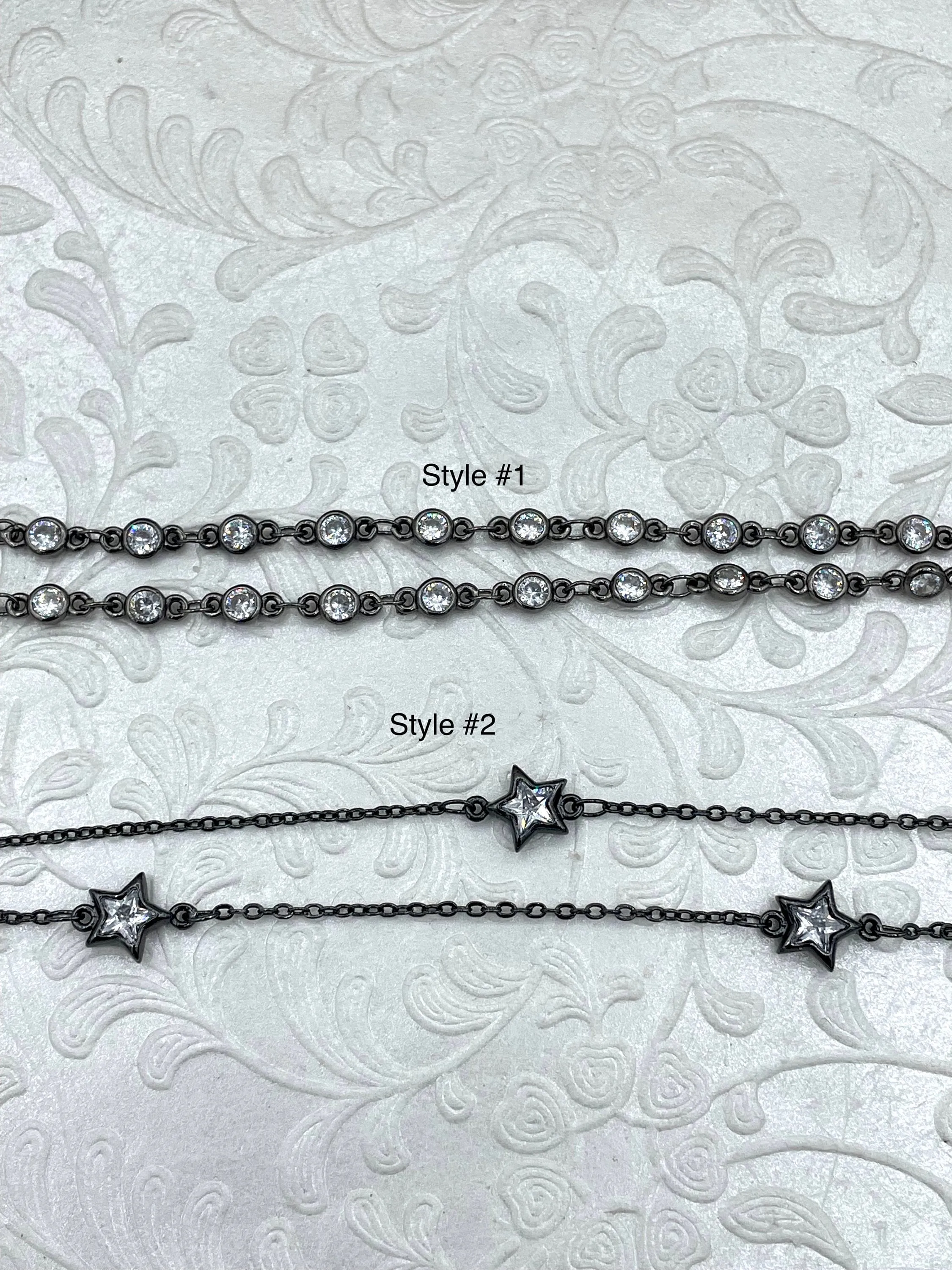 Dainty Gunmetal chains, Plated Brass Chain, Star CZ Chain, Round CZ Chain, 2 styles, By the Foot, Fast Ship