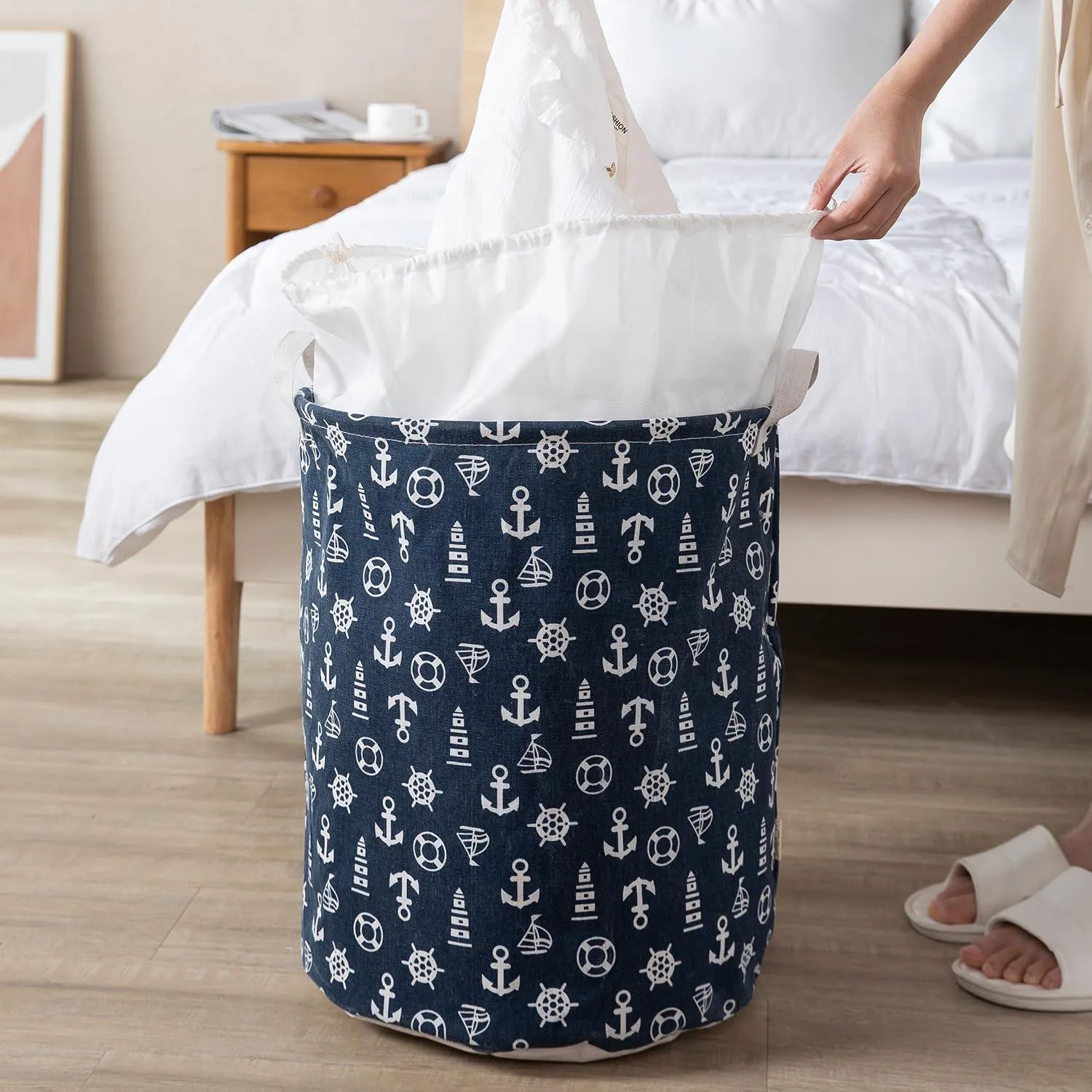 Dark Blue Nautical Print Foldable Laundry Bag with Lid Drawstring