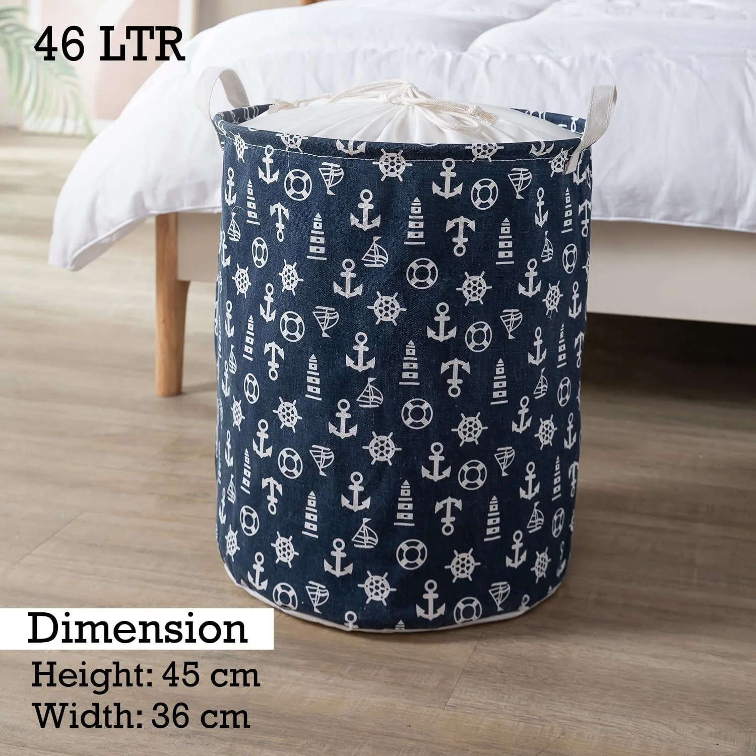 Dark Blue Nautical Print Foldable Laundry Bag with Lid Drawstring