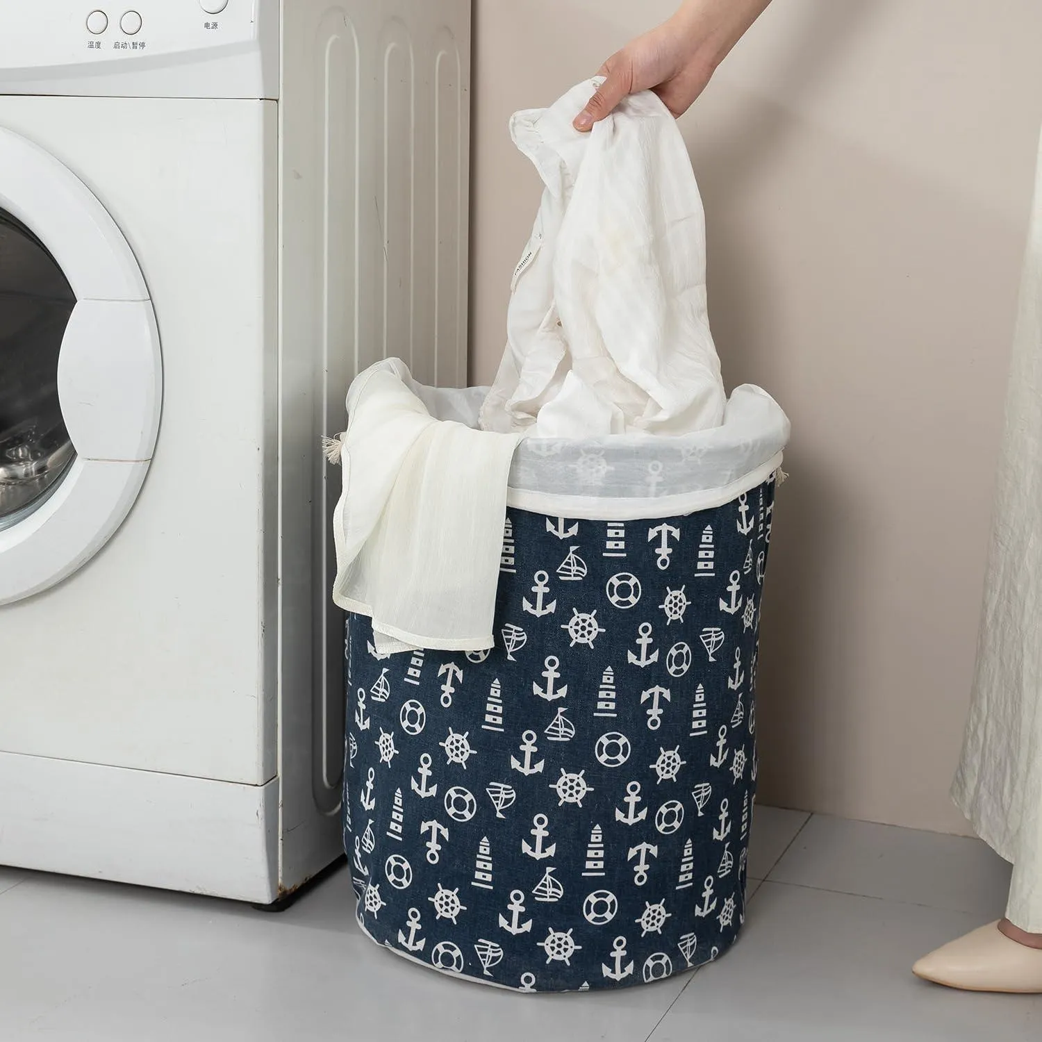 Dark Blue Nautical Print Foldable Laundry Bag with Lid Drawstring