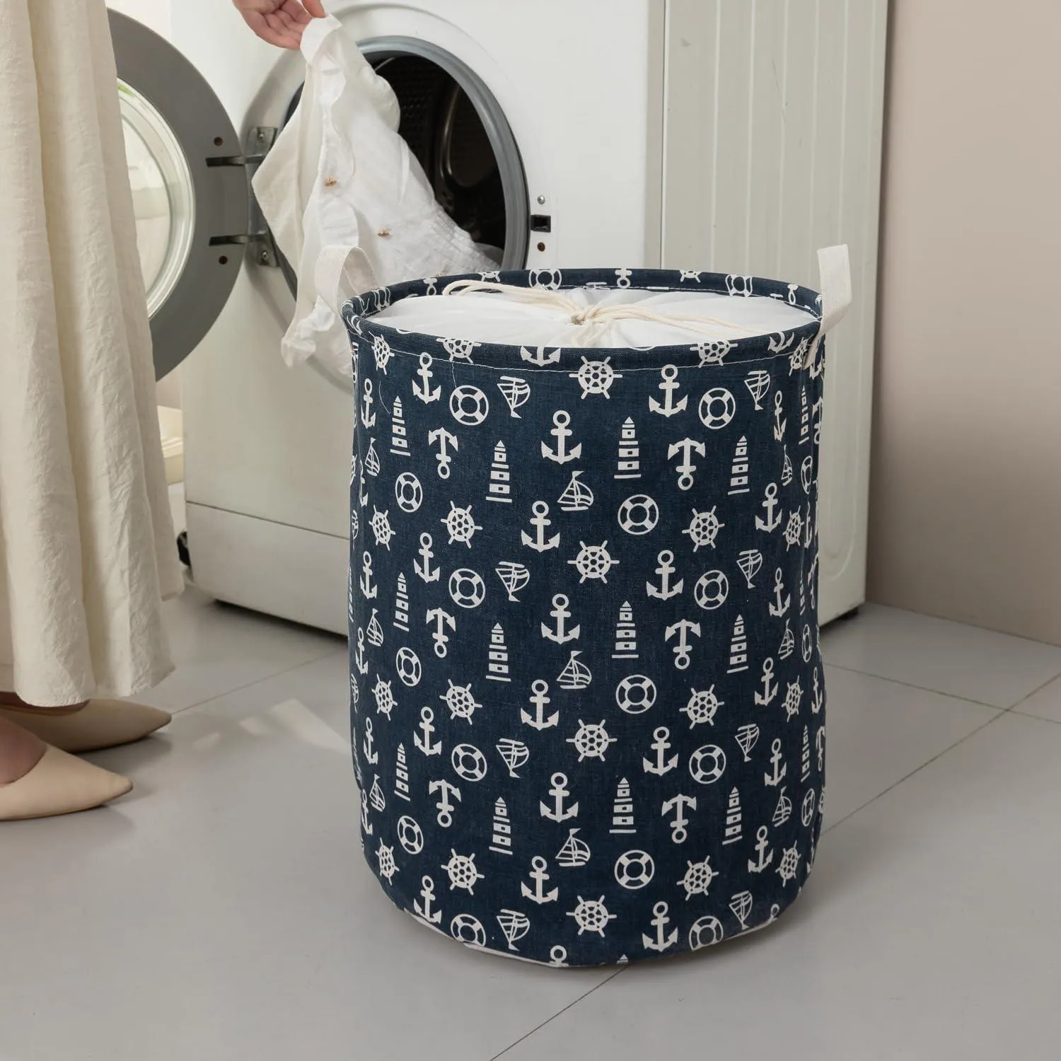 Dark Blue Nautical Print Foldable Laundry Bag with Lid Drawstring