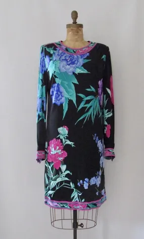 DARK GARDEN 1990s Black Midi Floral Print Silk Jersey Dress, Sz X-Large