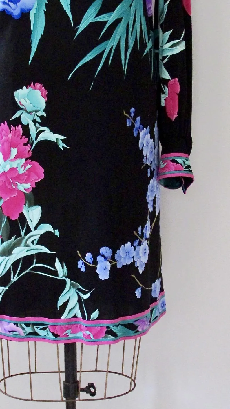 DARK GARDEN 1990s Black Midi Floral Print Silk Jersey Dress, Sz X-Large