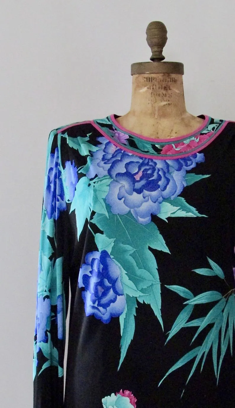 DARK GARDEN 1990s Black Midi Floral Print Silk Jersey Dress, Sz X-Large