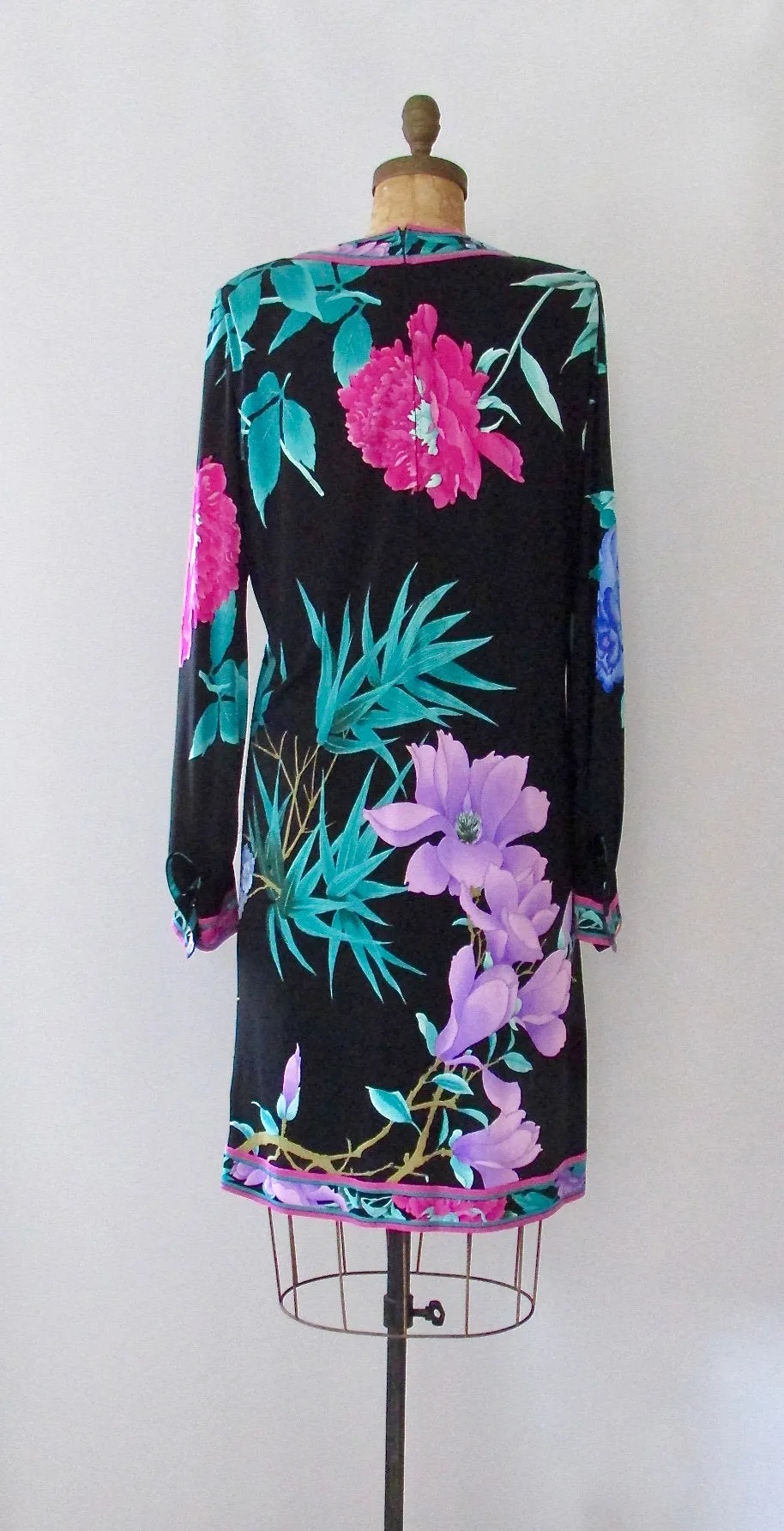 DARK GARDEN 1990s Black Midi Floral Print Silk Jersey Dress, Sz X-Large