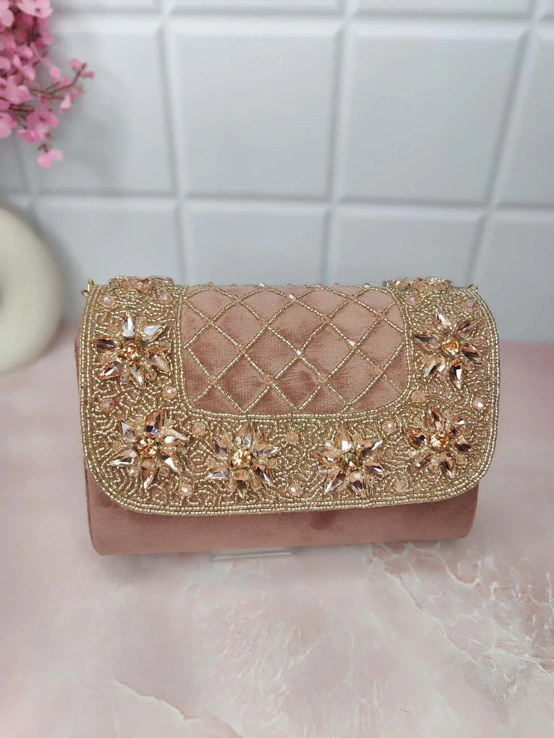 Designer Crystals Stone Seude Fabric Clutch Bag