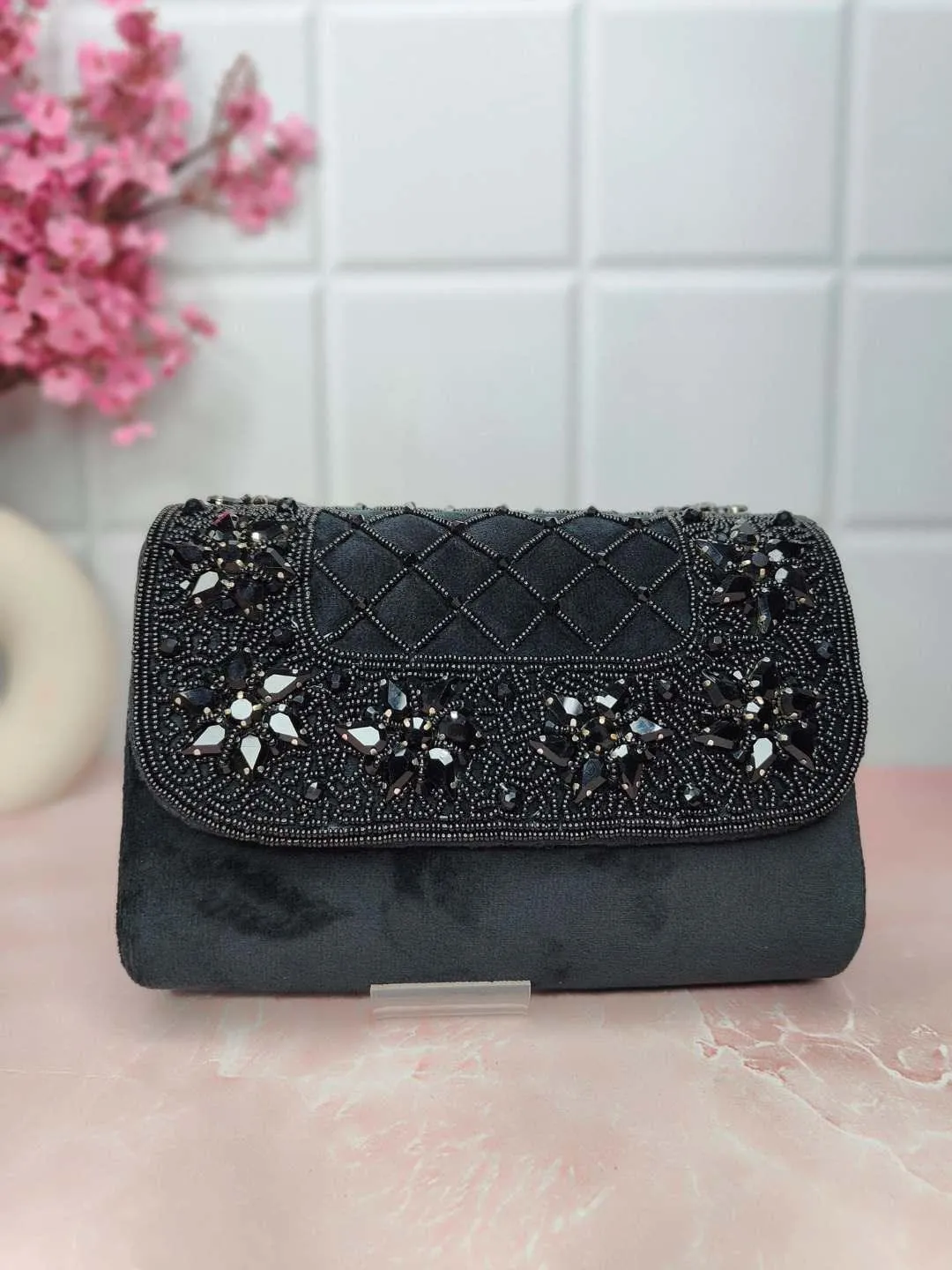 Designer Crystals Stone Seude Fabric Clutch Bag