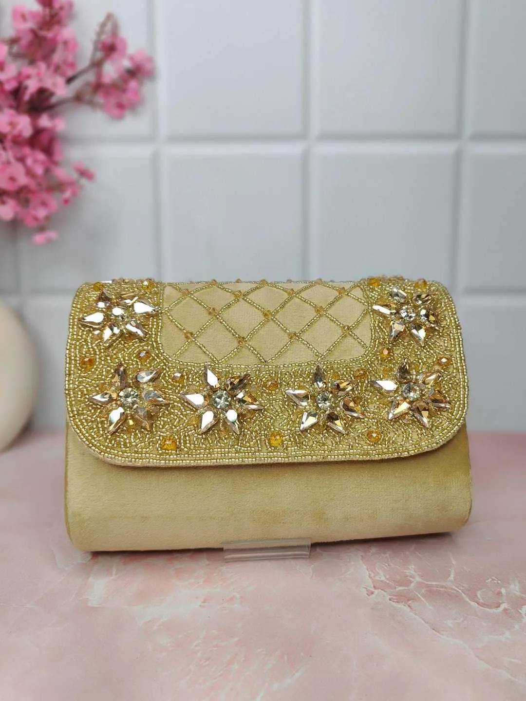 Designer Crystals Stone Seude Fabric Clutch Bag