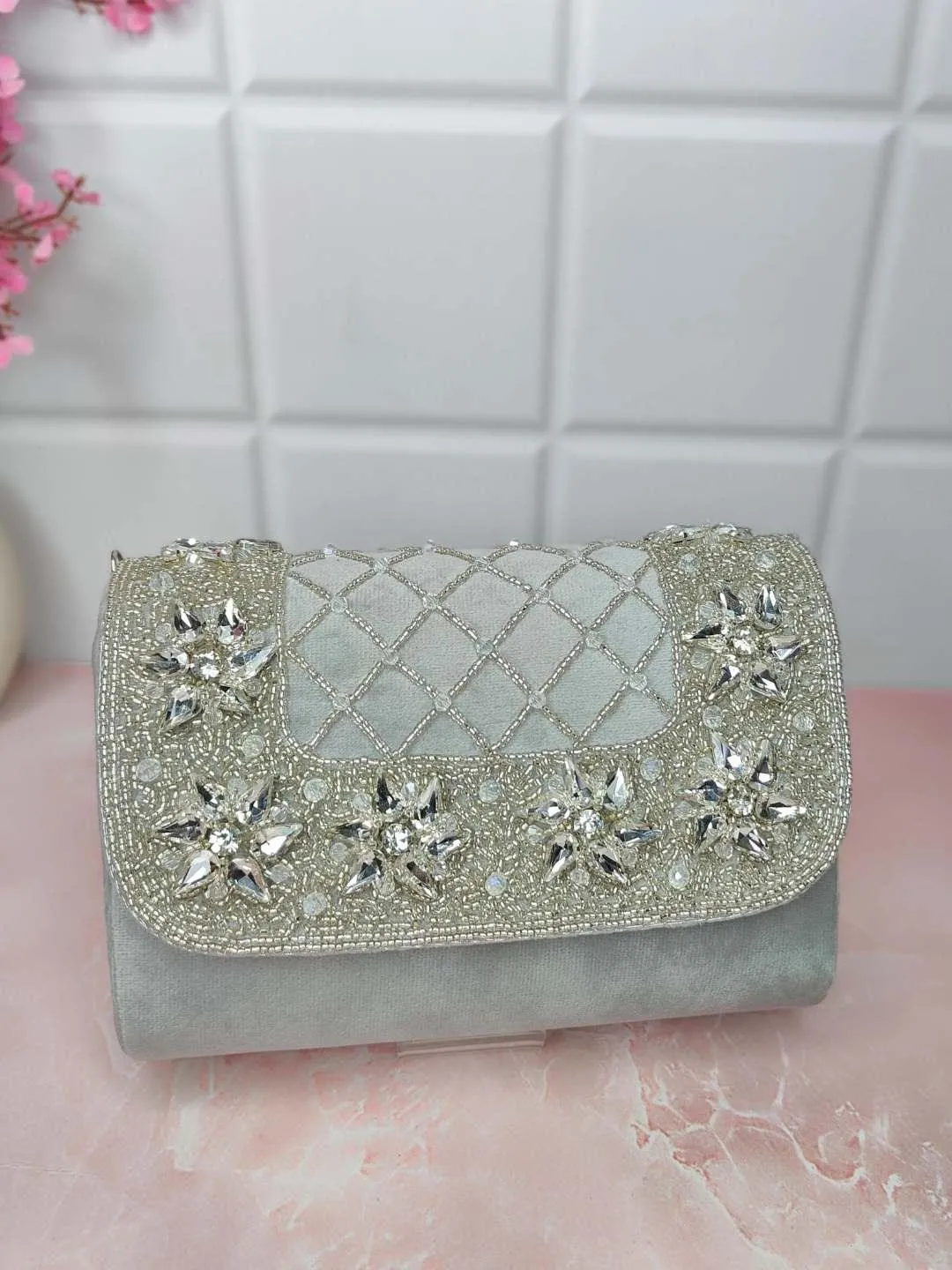 Designer Crystals Stone Seude Fabric Clutch Bag